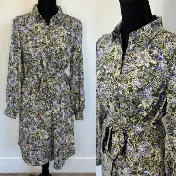 LOFT Blue Green Long Sleeve Collared Floral Belted Midi Dress (S) - Picture 1 of 9